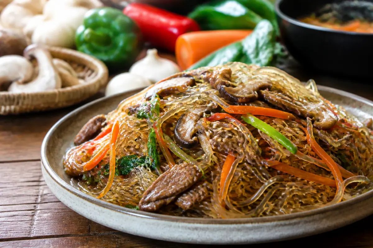 Japchae coréen : nouilles sautées aux légumes et bœuf