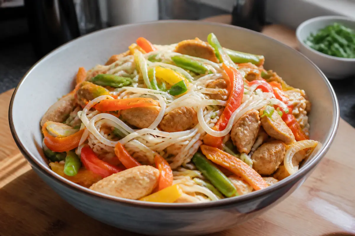 Nouilles de riz sautées : Recette facile poulet &amp; légumes